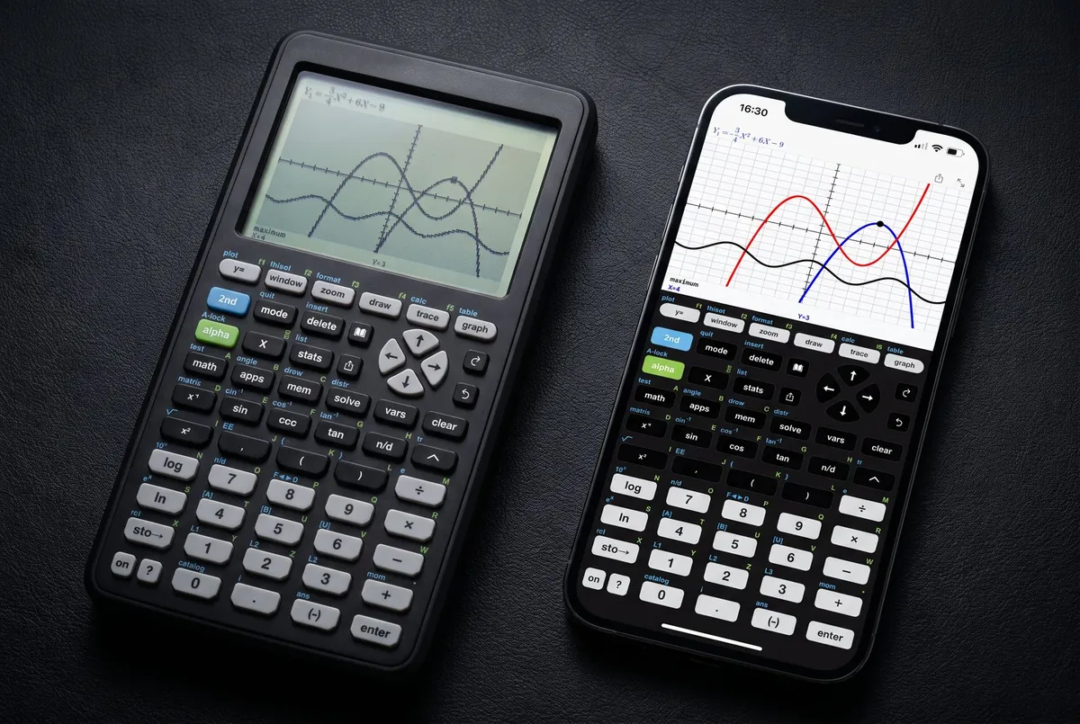 Physical graphing calculator next to Taculator 84 on iPhone