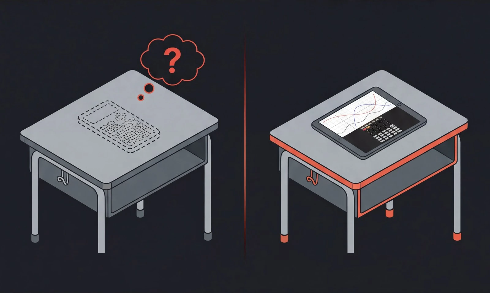 Forgotten calculator on one desk vs iPad running Taculator 84 on the other