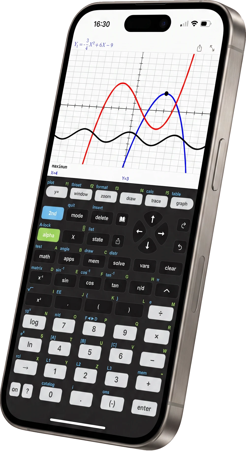 Taculator 84 graphing calculator on iPhone — graph screen with plotted curves above the classic keypad