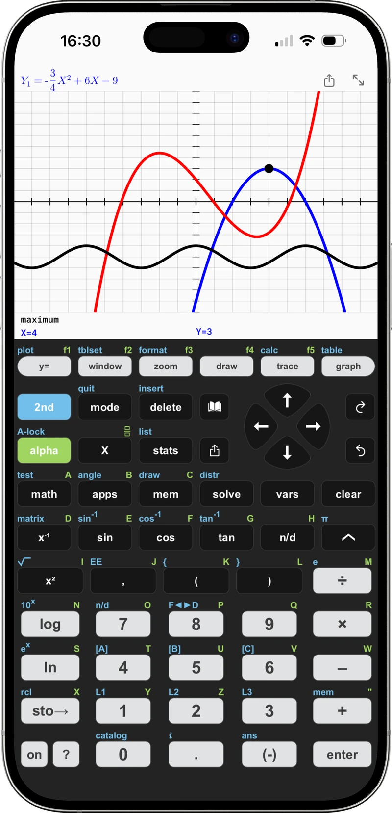 Taculator 84 graphing calculator on iPhone — graph screen with plotted curves above the classic keypad