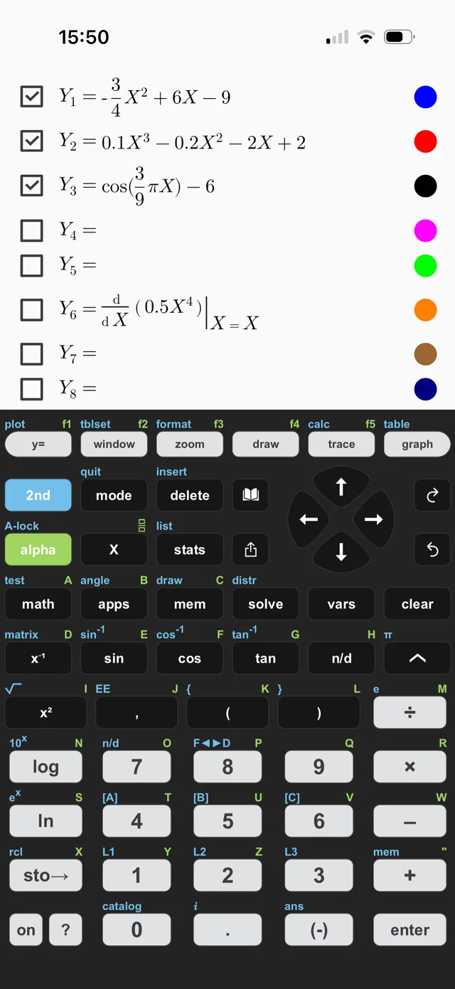 Taculator 84 y= equation editor showing textbook-style equations, each with its own curve color