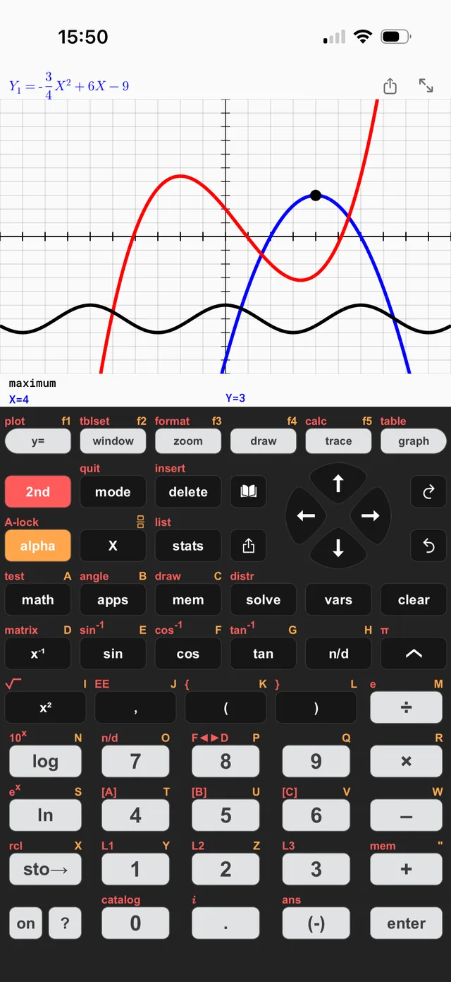 Taculator 84 graph screen plotting three functions and finding a maximum, with the classic keypad below