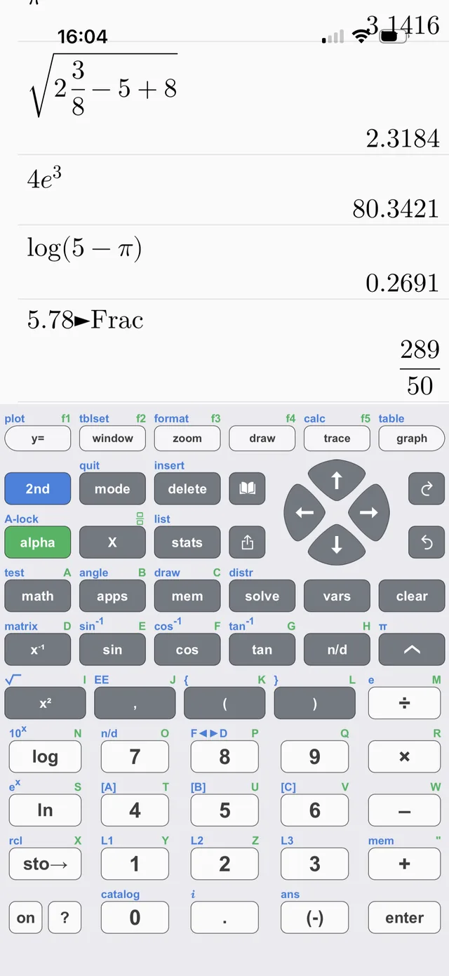 Taculator 84 home screen with square roots, fractions and the ►Frac command in pretty print